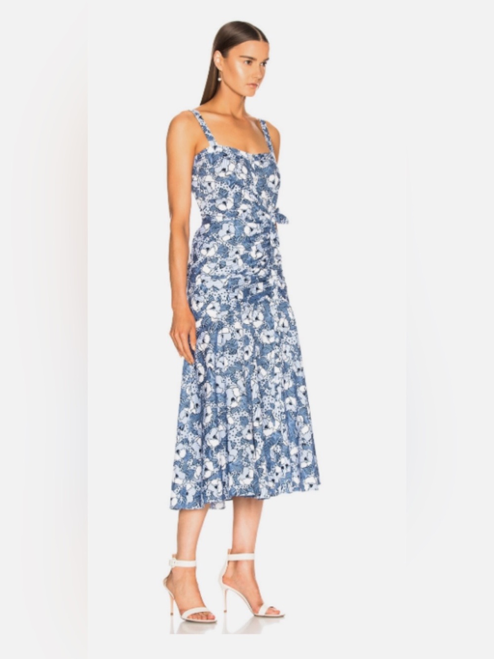 VERONICA BEARD Floral Marena Gathered Printed Cotton-poplin Midi Dress Sz 2 Blue